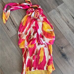 Y2K Pink and Yellow Flower Halter Top